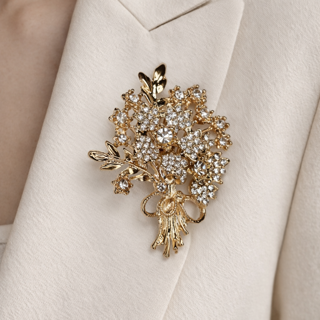 Brož zlatá KYTICE osázená jemnými kamínky2